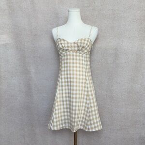 Promesa Gingham Checkered Cream & Oatmeal Mini Dress With Sweetheart Neckline